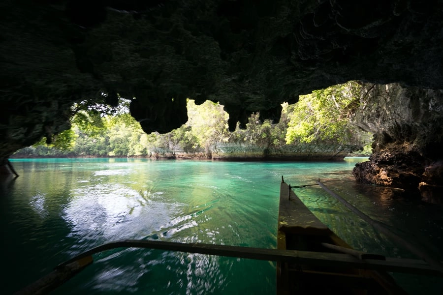 Sohoton Cove lagoon view with limestone formations and emerald waters