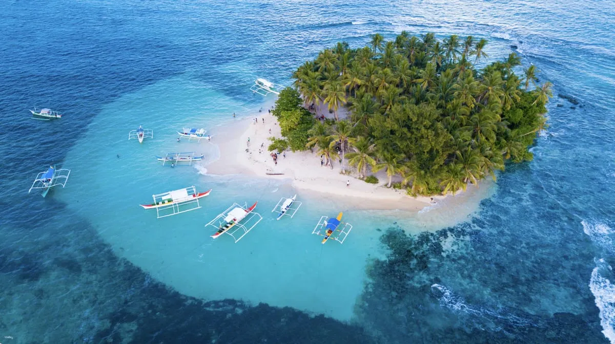 Guyam Island with iconic palm trees and white sand beach