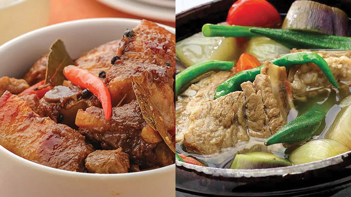 Filipino adobo and sinigang — braised pork and tamarind soup, carinderia staples in Siargao