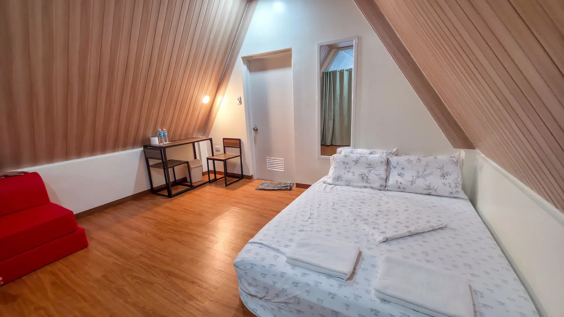 Twin A-Frame Room at Mariden Resort Del Carmen Siargao near airport with porch, double bed, hot shower, and air conditioning